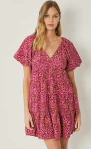 floral print v-neck bubble sleeve mini dress - burgundy
